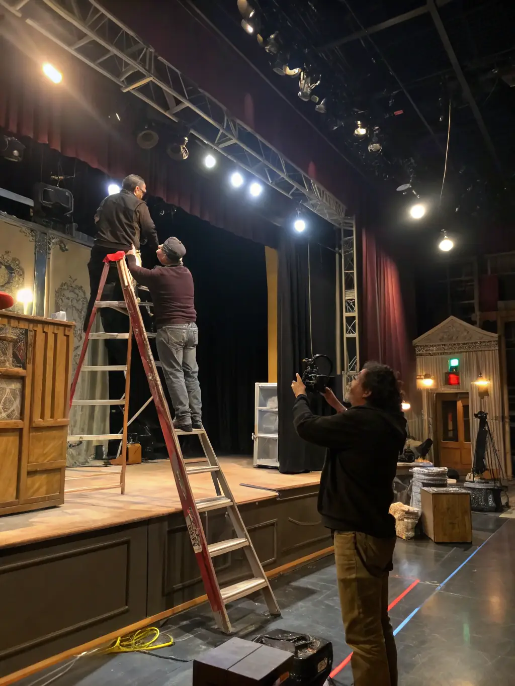 A behind-the-scenes shot of a production team working diligently on set design, lighting, and sound for an upcoming performance.