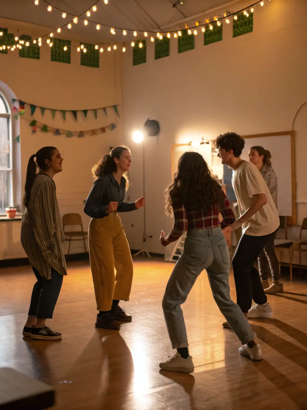 A vibrant photograph capturing a diverse group of participants engaged in a theater workshop, showcasing hands-on learning and creative collaboration.