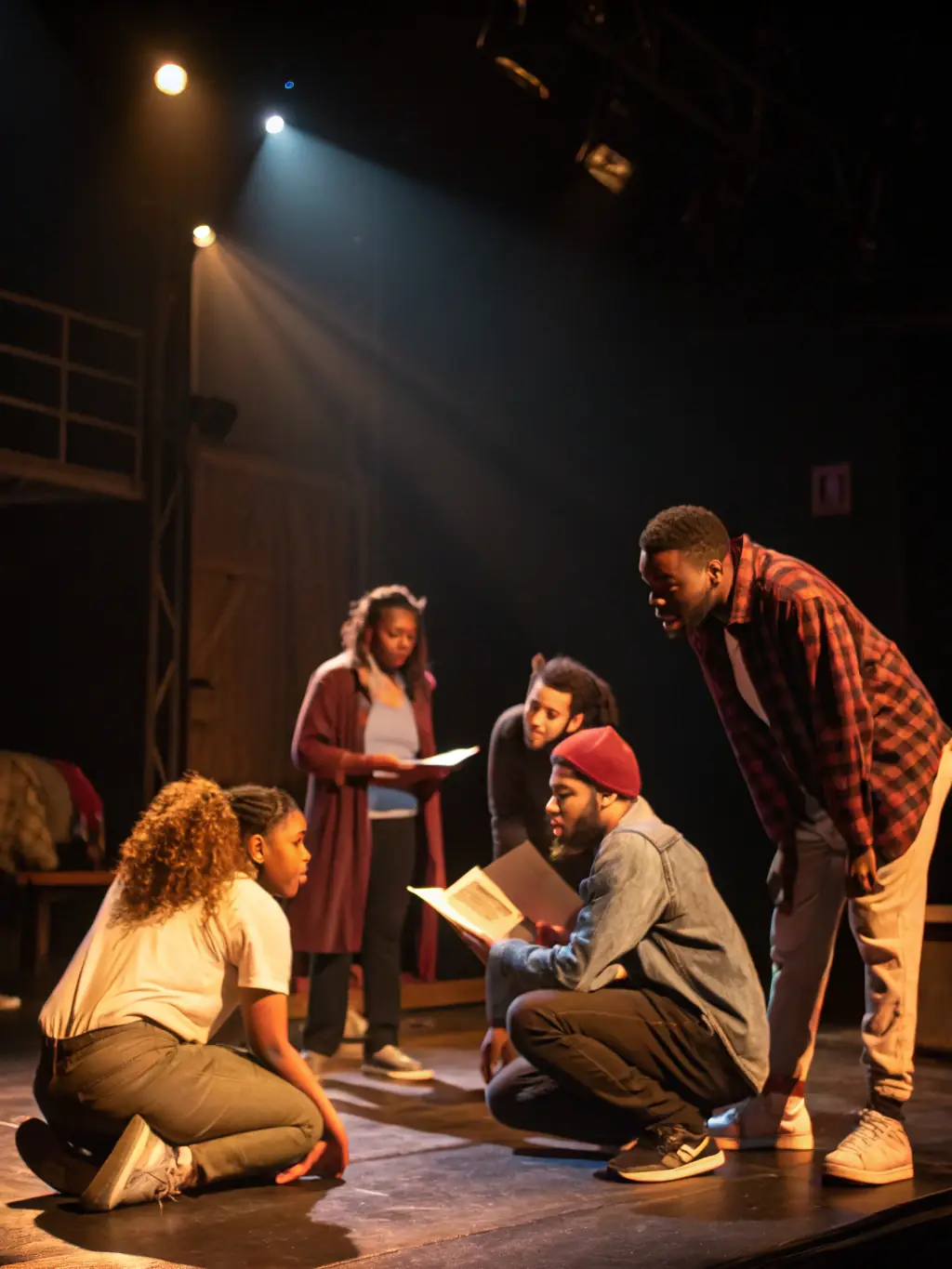 A captivating image of a diverse cast rehearsing for a play, showcasing the dedication and teamwork involved in bringing a production to life.