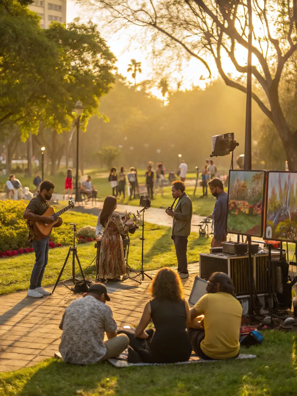 A dynamic image of a community outreach event where DOUBLE CHOC PRODUCTION is performing in a public space, engaging with local residents.
